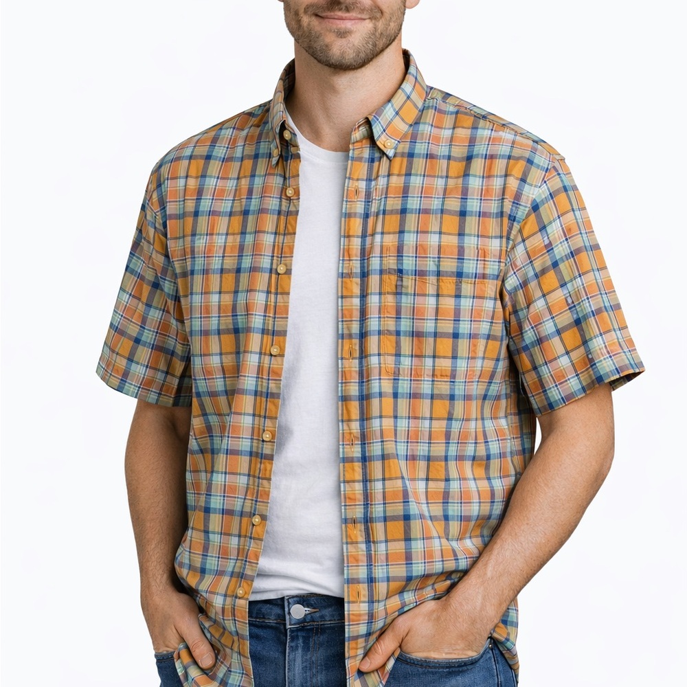Duluth Trading Co Men's Plaid Button Down Shirt - Orange and Blue‎